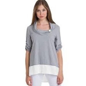 Neon Buddha Gray White Knit Top Cowl Neck Roll Tab Sleeves Surf Tunic size small